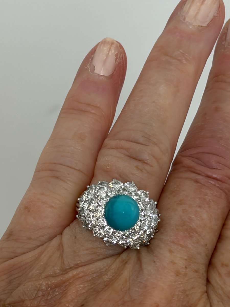 7674 - Vintage Platinum Ring With Turquoise And 3.90 Ct Diamonds-photo-3
