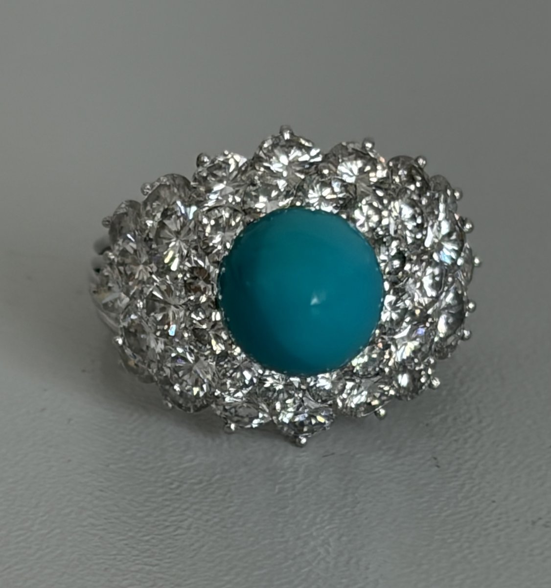 7674 - Vintage Platinum Ring With Turquoise And 3.90 Ct Diamonds-photo-4