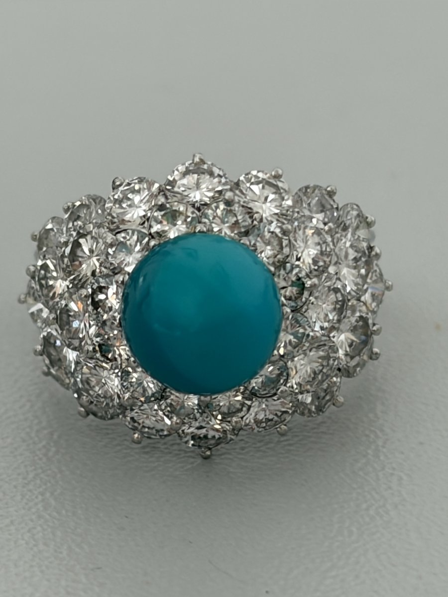 7674 - Vintage Platinum Ring With Turquoise And 3.90 Ct Diamonds