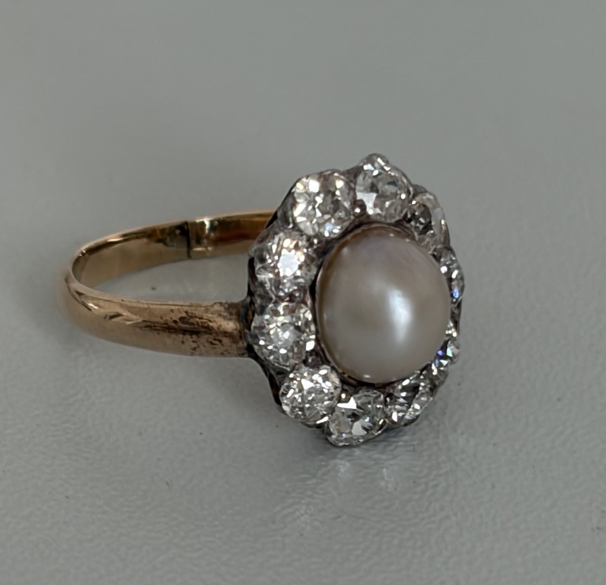 7675- Bague Vintage Or Rose Perle Diamants-photo-4