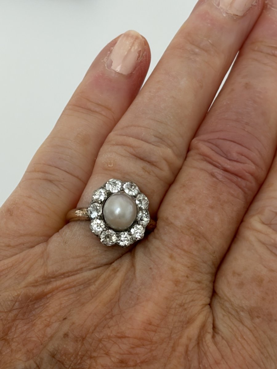 7675- Bague Vintage Or Rose Perle Diamants-photo-1