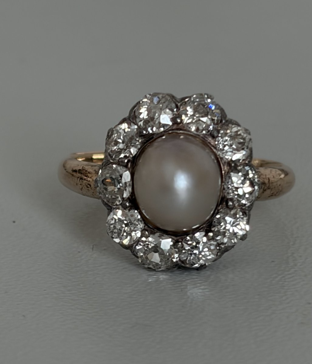 7675- Bague Vintage Or Rose Perle Diamants