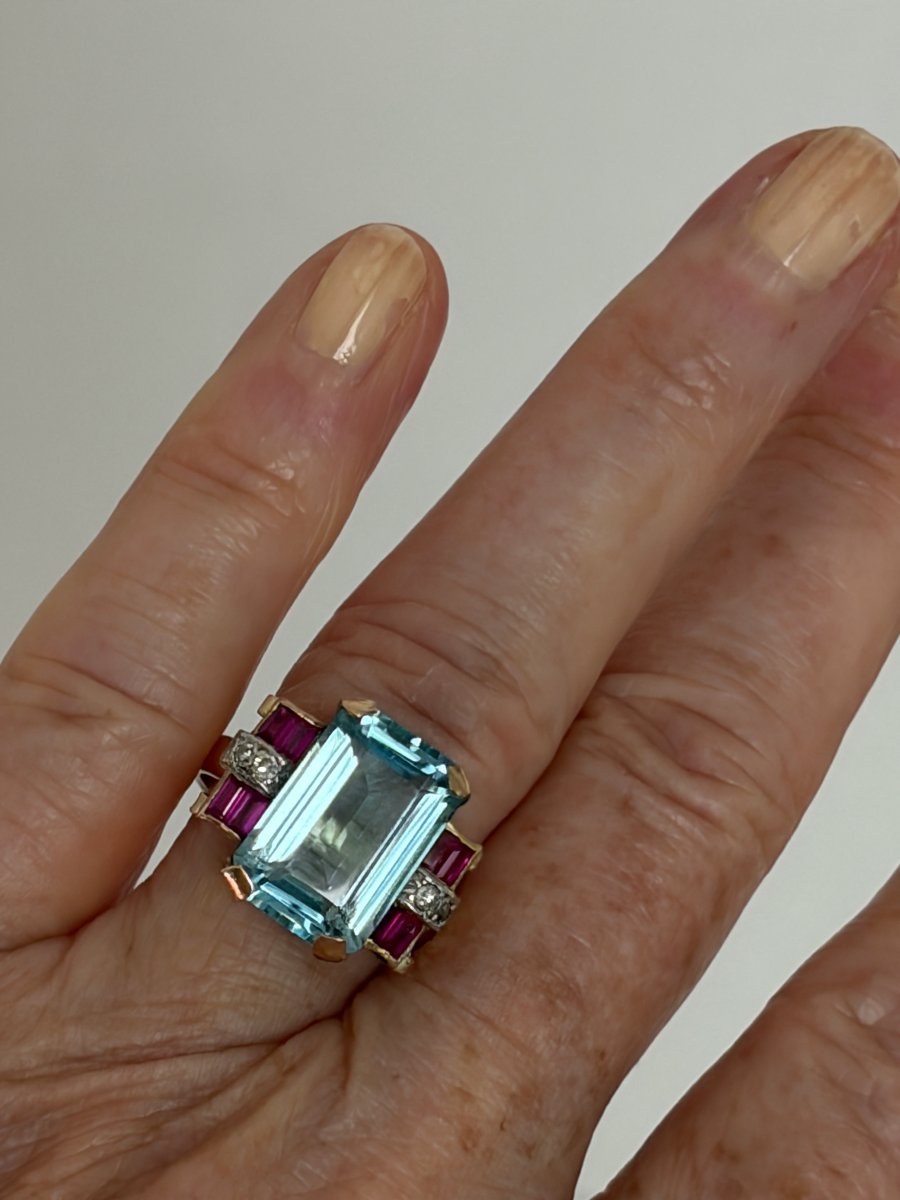 7440A- Bague Or Rose Aigue-Marine Diamants-photo-3