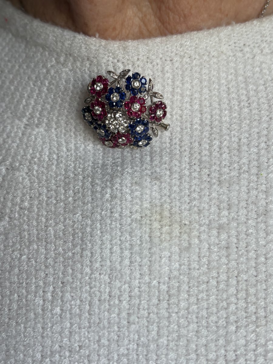7472 - Vintage Flower Brooch In White Gold With Gemstones-photo-3