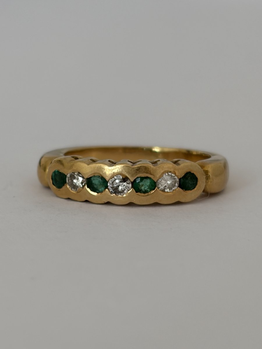 7673- Bague Jarretière Vintage Or Jaune Emeraudes Diamants