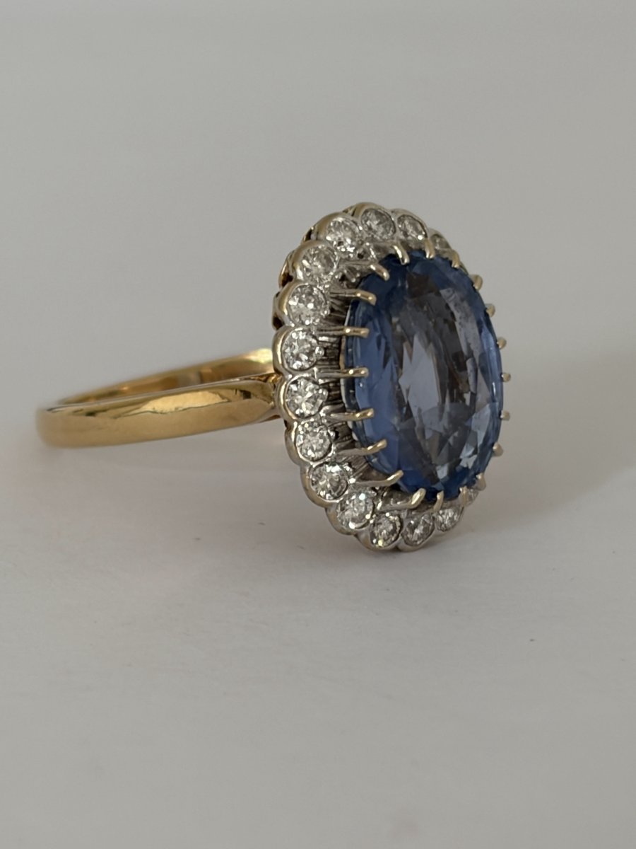 7696- Bague Or Jaune Saphir Ceylan Non Chauffé 4,90 ct (Certificat) Diamants-photo-3