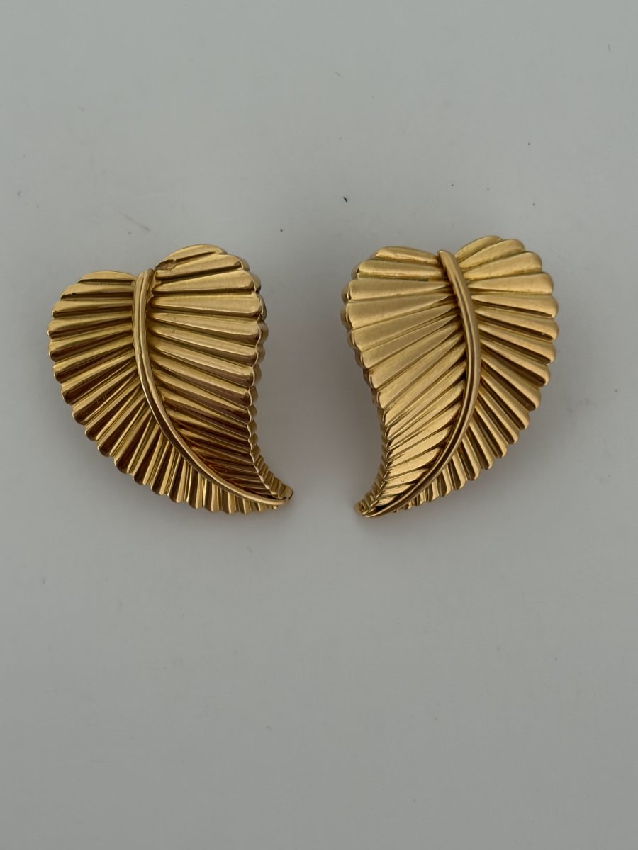 7720- Boucles d'Oreilles Feuilles, Vintage Or Jaune-photo-2