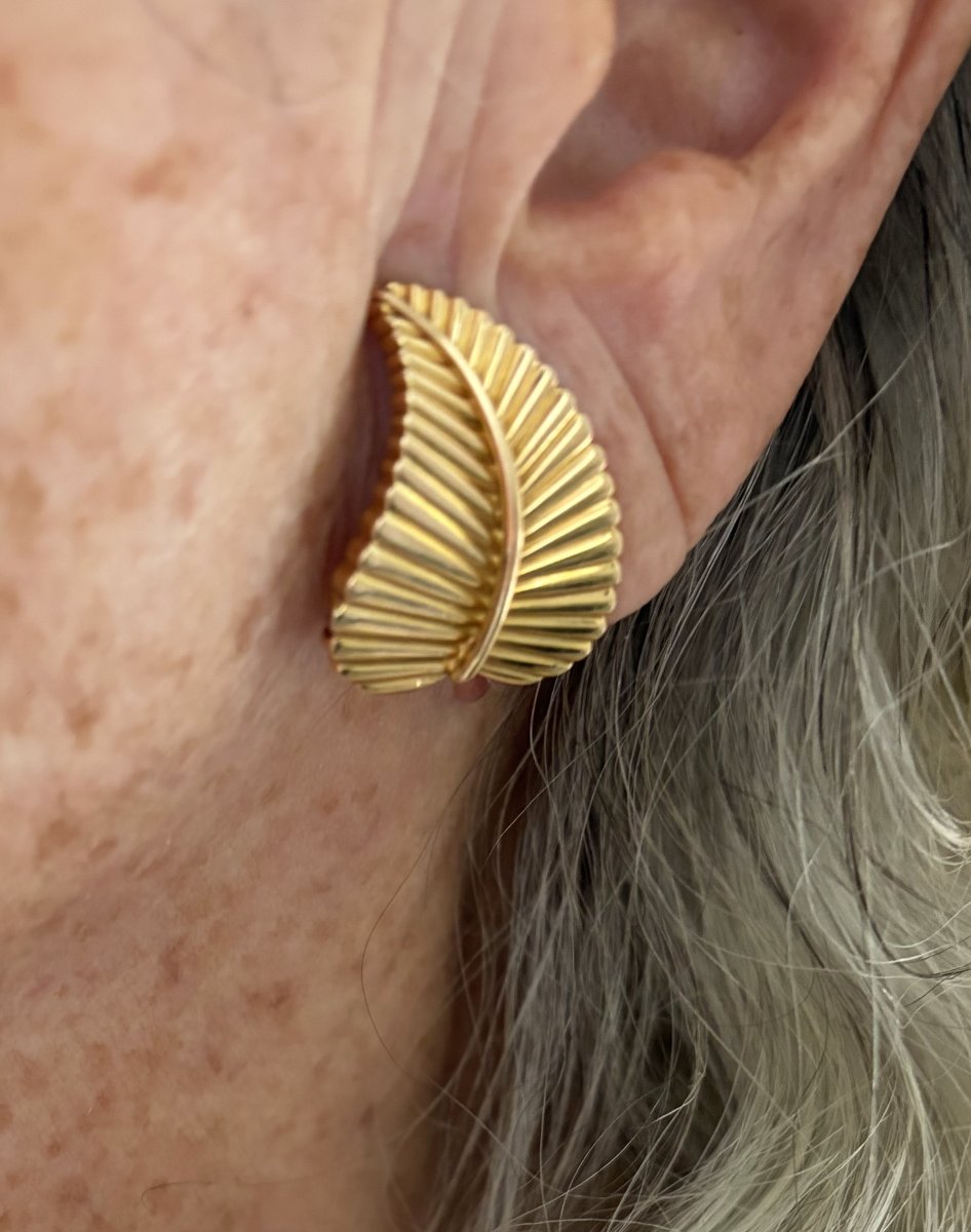 7720- Boucles d'Oreilles Feuilles, Vintage Or Jaune-photo-3
