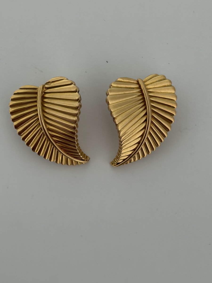 7720- Boucles d'Oreilles Feuilles, Vintage Or Jaune