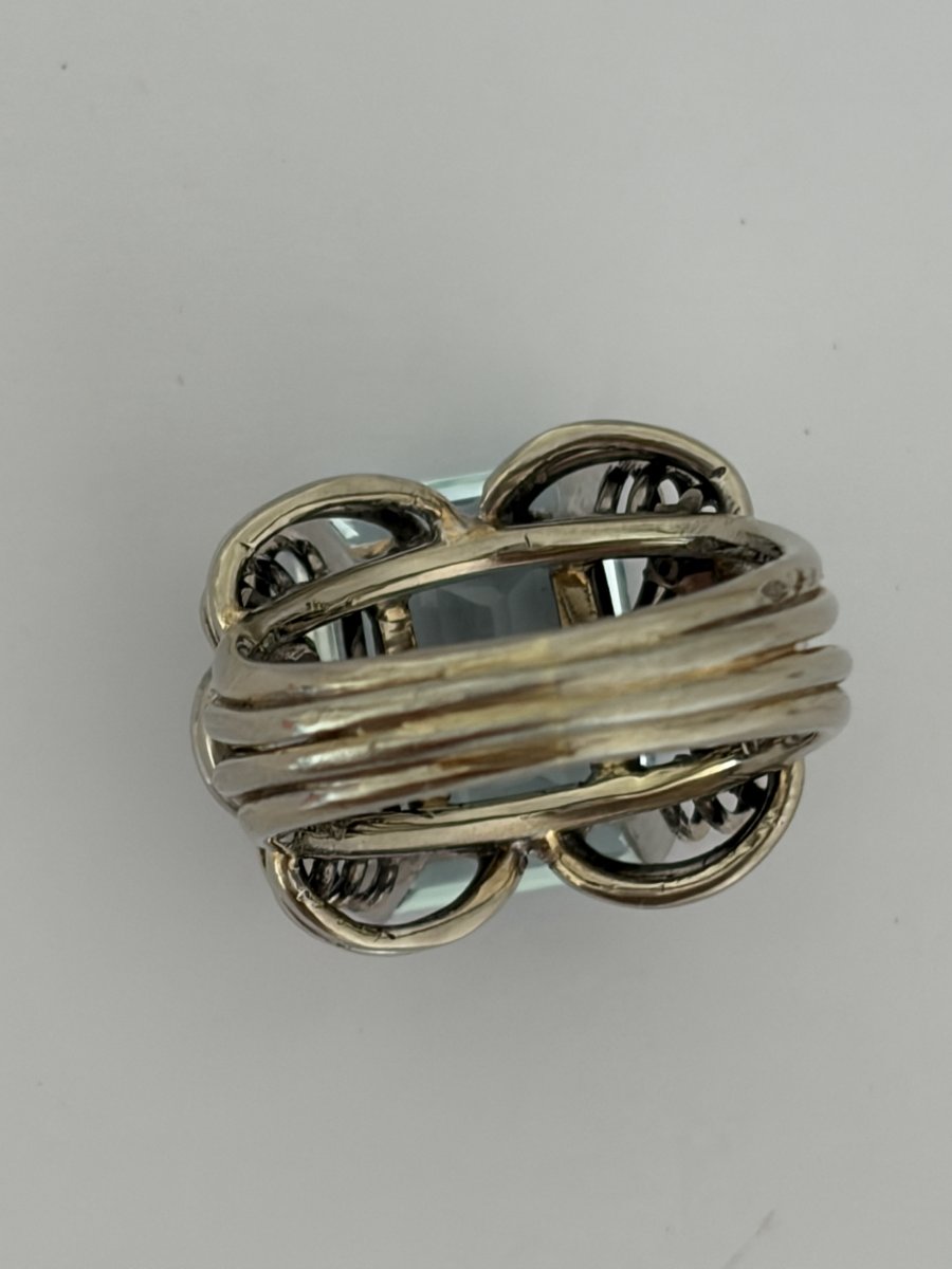 7723- Importante Bague Vintage Or Gris Aigue-Marine 8,00 ct Diamants-photo-2
