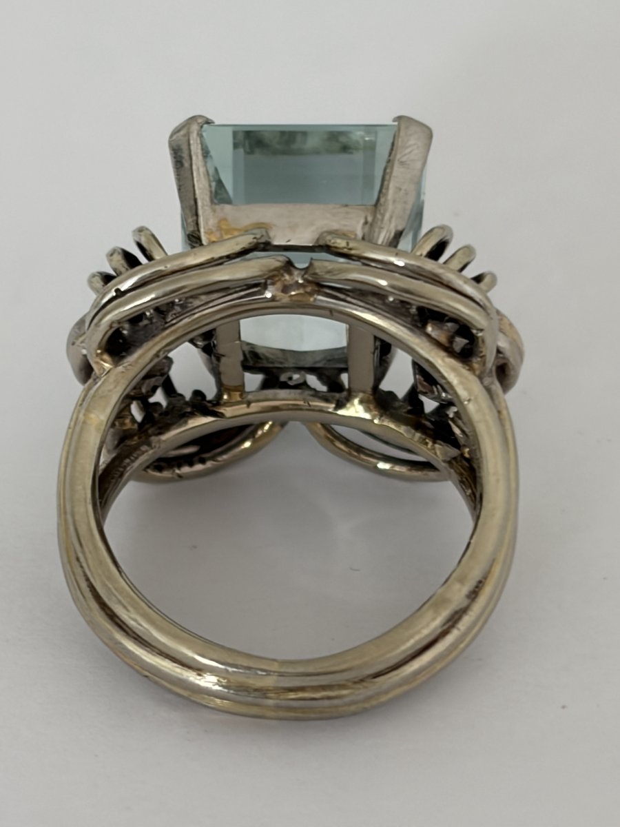 7723- Importante Bague Vintage Or Gris Aigue-Marine 8,00 ct Diamants-photo-3