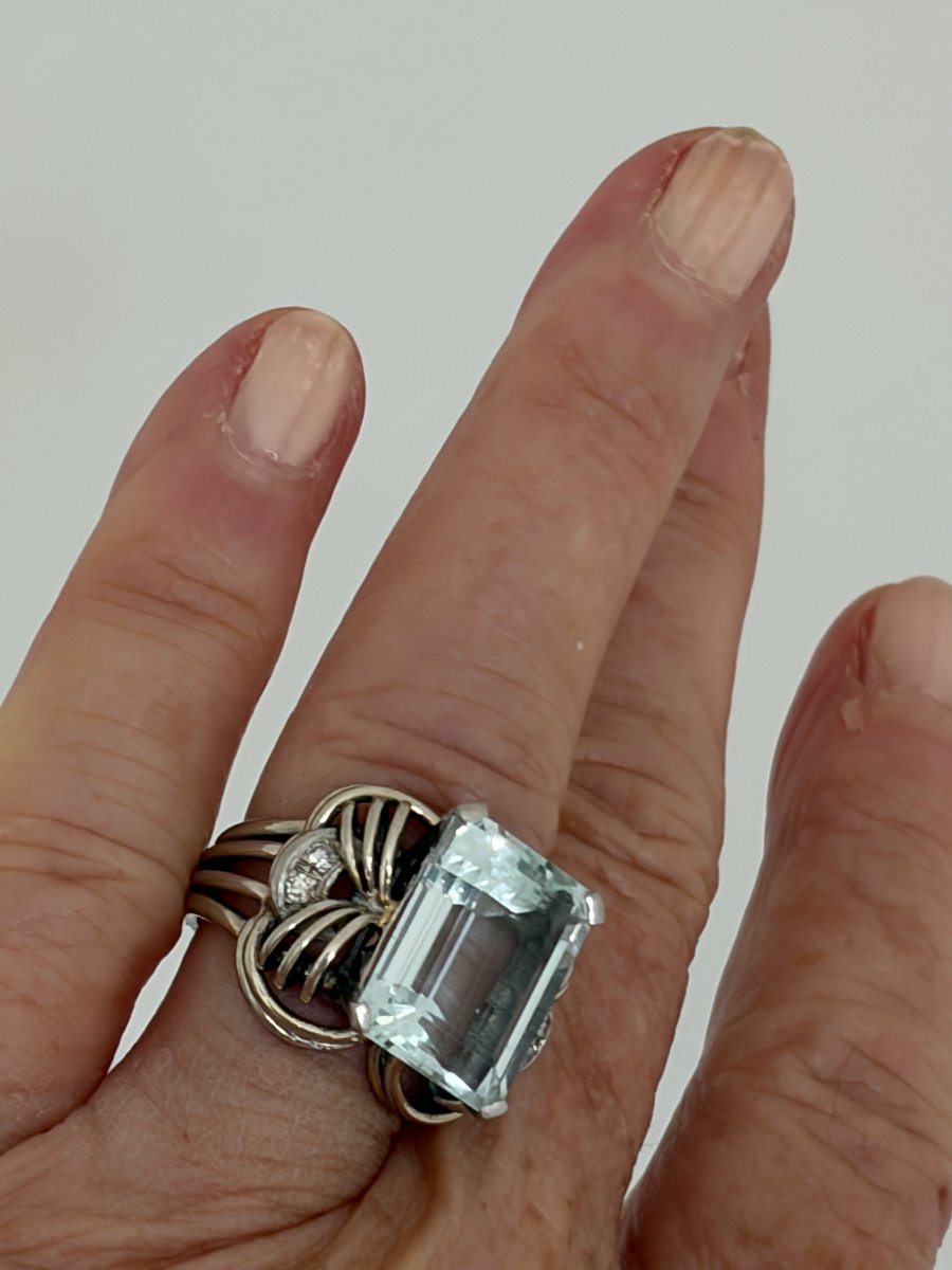 7723- Importante Bague Vintage Or Gris Aigue-Marine 8,00 ct Diamants-photo-1