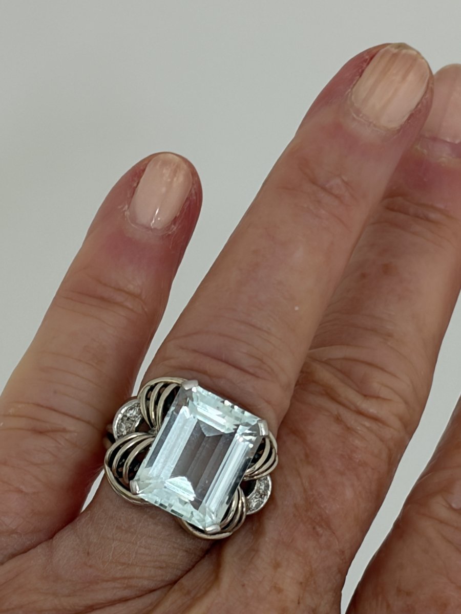 7723- Importante Bague Vintage Or Gris Aigue-Marine 8,00 ct Diamants-photo-2