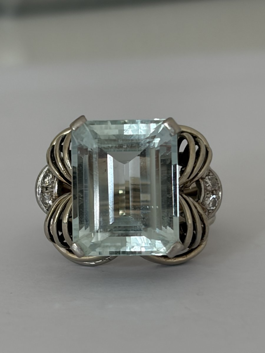 7723- Importante Bague Vintage Or Gris Aigue-Marine 8,00 ct Diamants