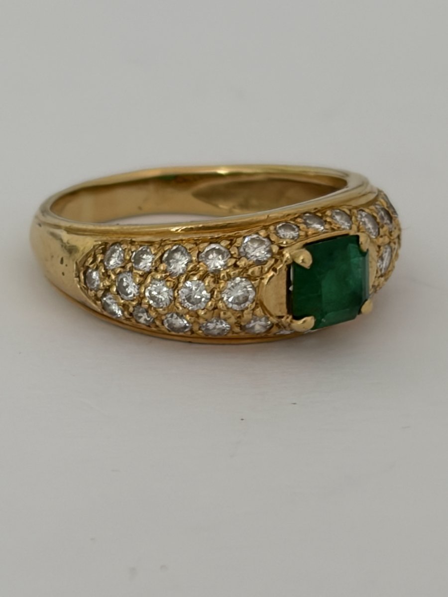7850- Bague Jonc Vintage Or Jaune Emeraude Diamants-photo-2