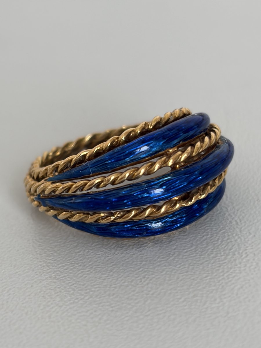 7873 - Vintage Yellow Gold Twisted Ring With Blue Enamel-photo-3