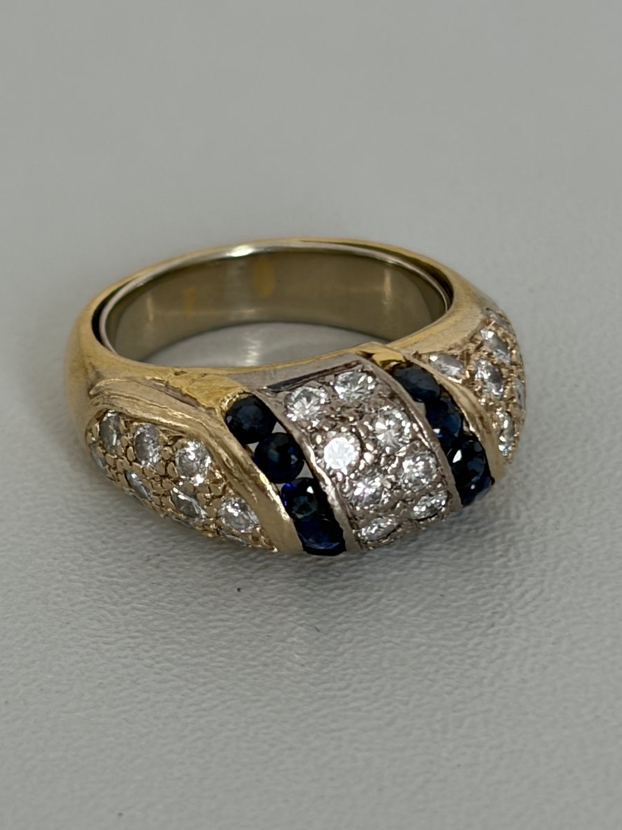 7878 - Vintage Yellow Gold Band Ring With Diamonds And Sapphires-photo-2