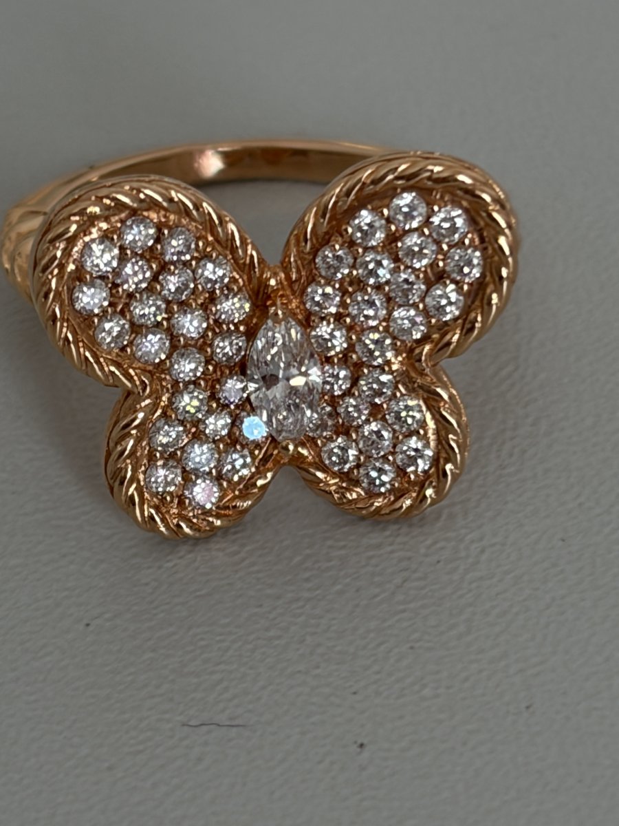 7885- Bague Papillon Vintage Or Rose Diamants