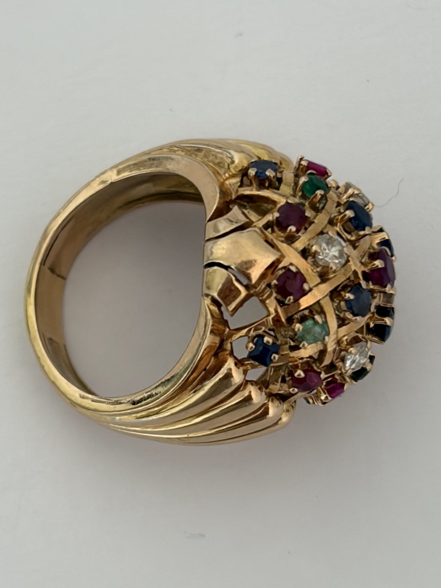 7906- Bague Dôme Vintage Or Jaune Pierres Précieuses-photo-4