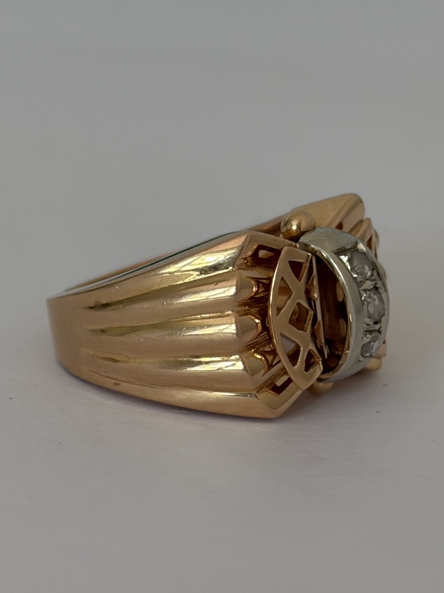 7909- Bague Tank Or Jaune Godronné Diamants-photo-4