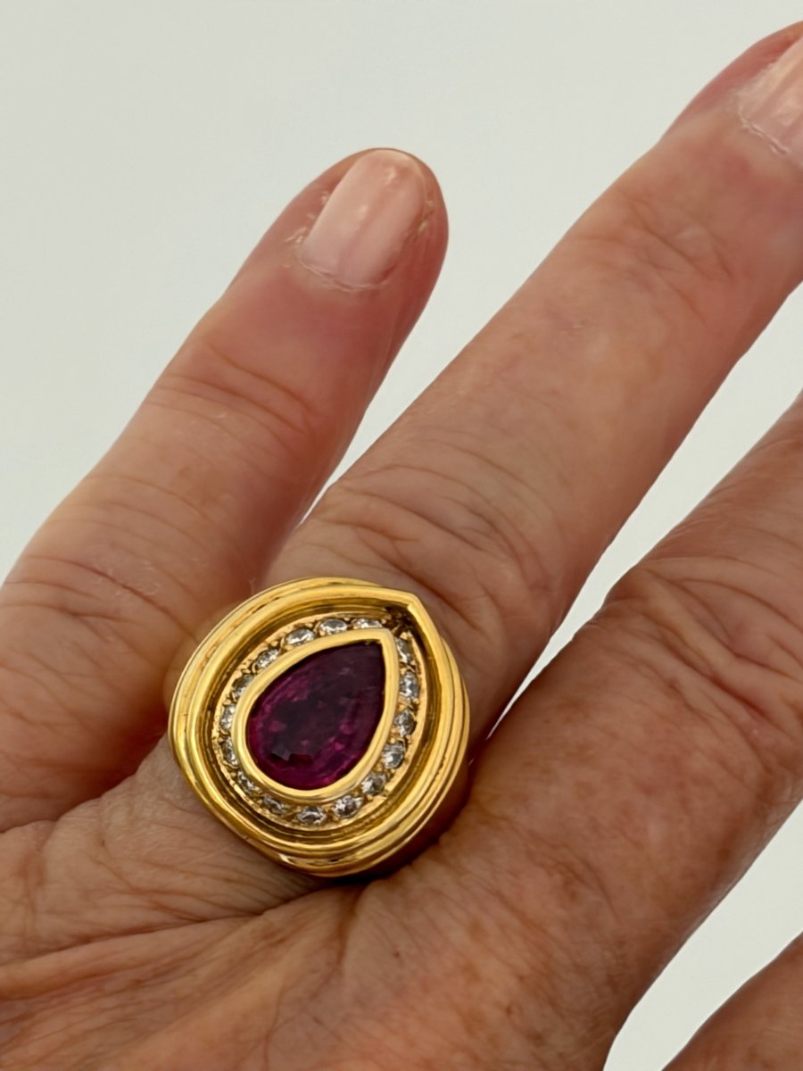 7912- Large Bague Or Jaune Tourmaline Rose Diamants-photo-2