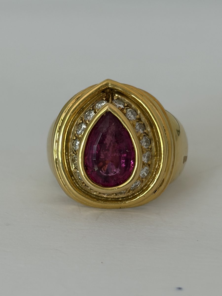 7912- Large Bague Or Jaune Tourmaline Rose Diamants
