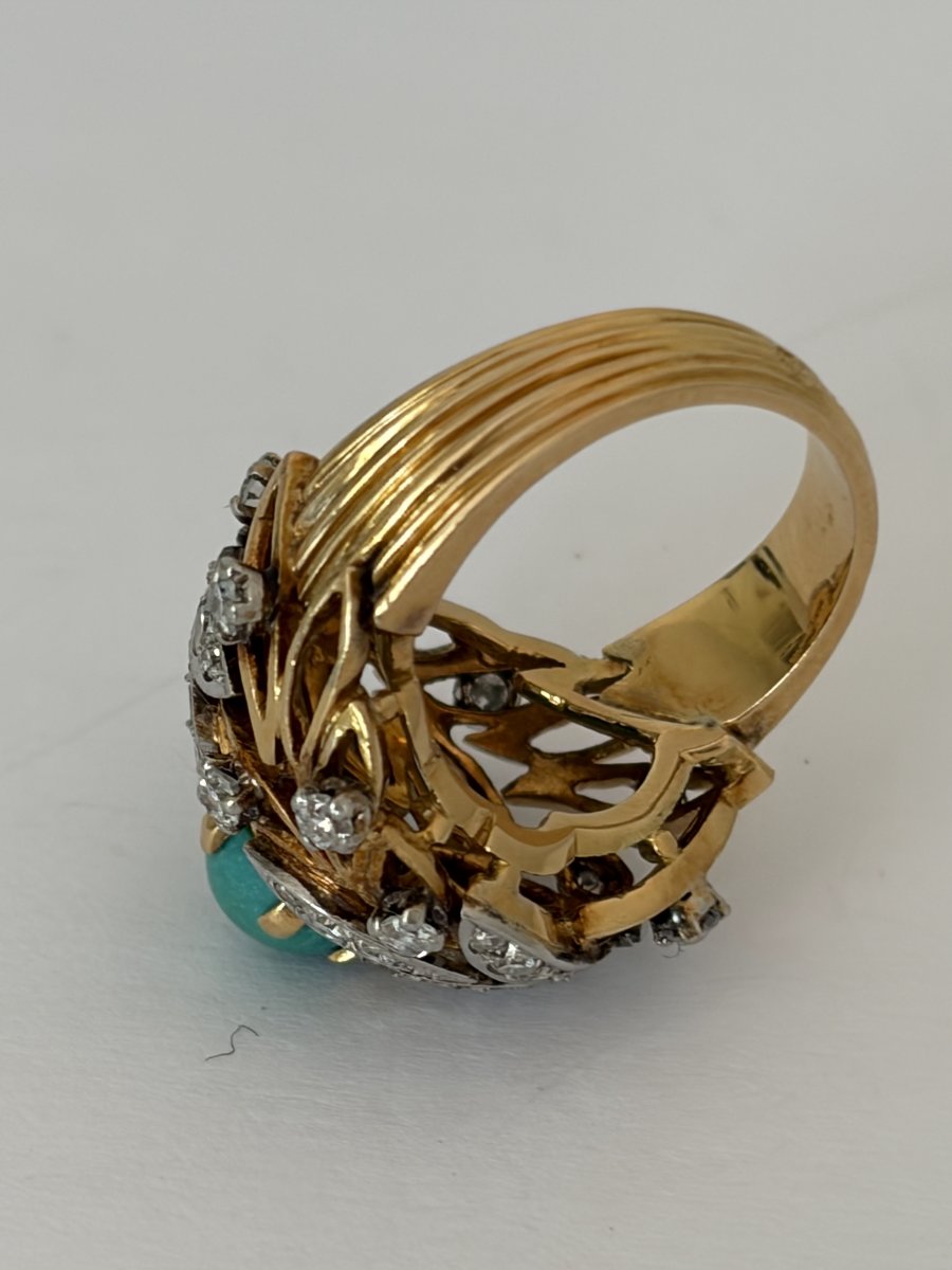 7914 - Vintage Dome Ring In Yellow Gold, Platinum, Turquoise, And Diamonds-photo-2