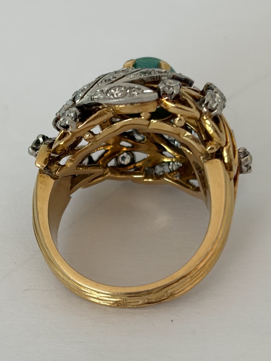 7914 - Vintage Dome Ring In Yellow Gold, Platinum, Turquoise, And Diamonds-photo-3