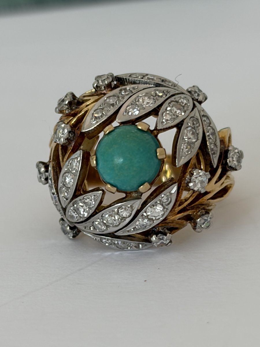 7914 - Vintage Dome Ring In Yellow Gold, Platinum, Turquoise, And Diamonds