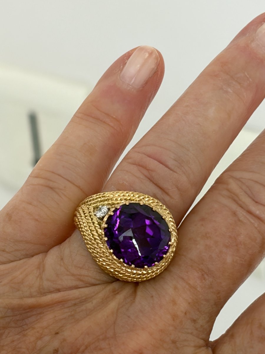 7926 - Vintage Yellow Gold Thread Ring With Amethyst And Diamonds-photo-2