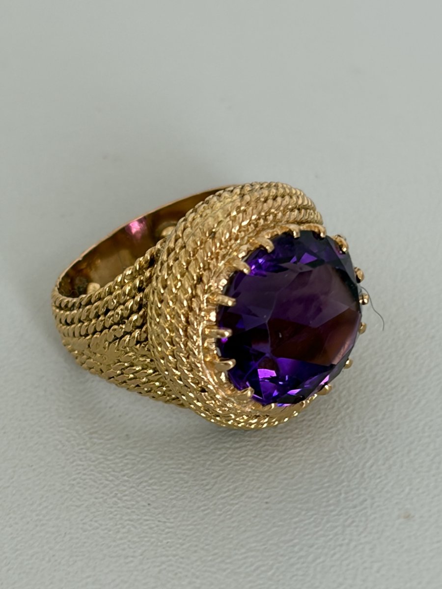 7926 - Vintage Yellow Gold Thread Ring With Amethyst And Diamonds-photo-1