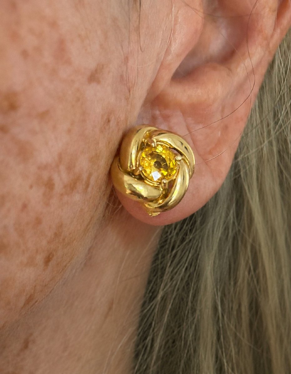 7734- Boucles d'Oreilles Vintage Or Jaune Saphirs Jaunes-photo-2