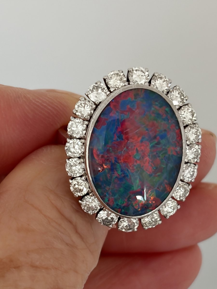 7750- Bague Vintage Or Gris Opale Diamants 2,20 ct-photo-2