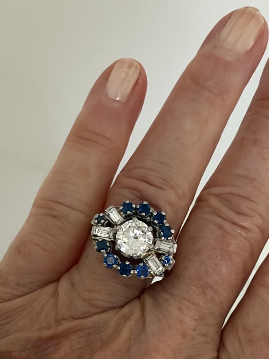7760- Bague Fleur Platine Diamant Central 1,30 ct Saphirs-photo-2