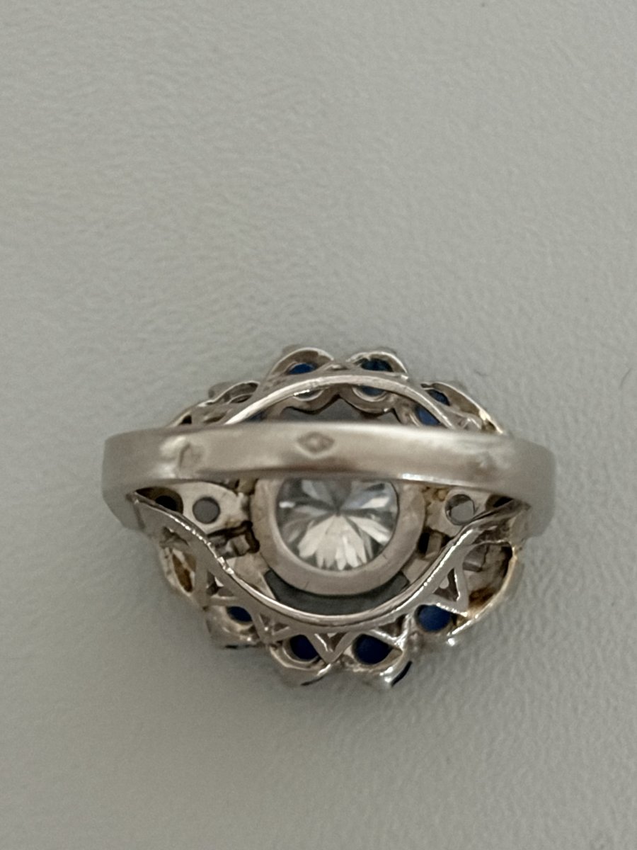 7760- Bague Fleur Platine Diamant Central 1,30 ct Saphirs-photo-3
