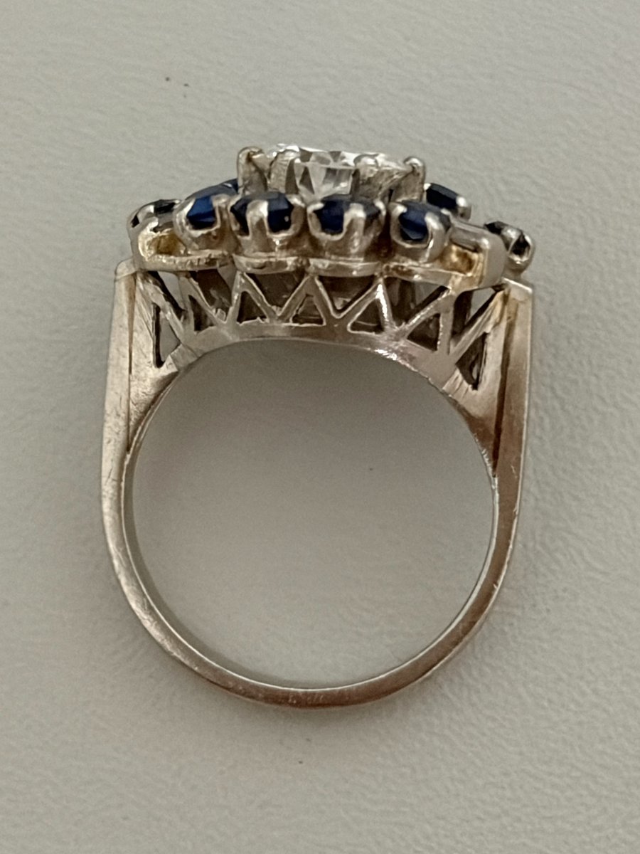 7760- Bague Fleur Platine Diamant Central 1,30 ct Saphirs-photo-4