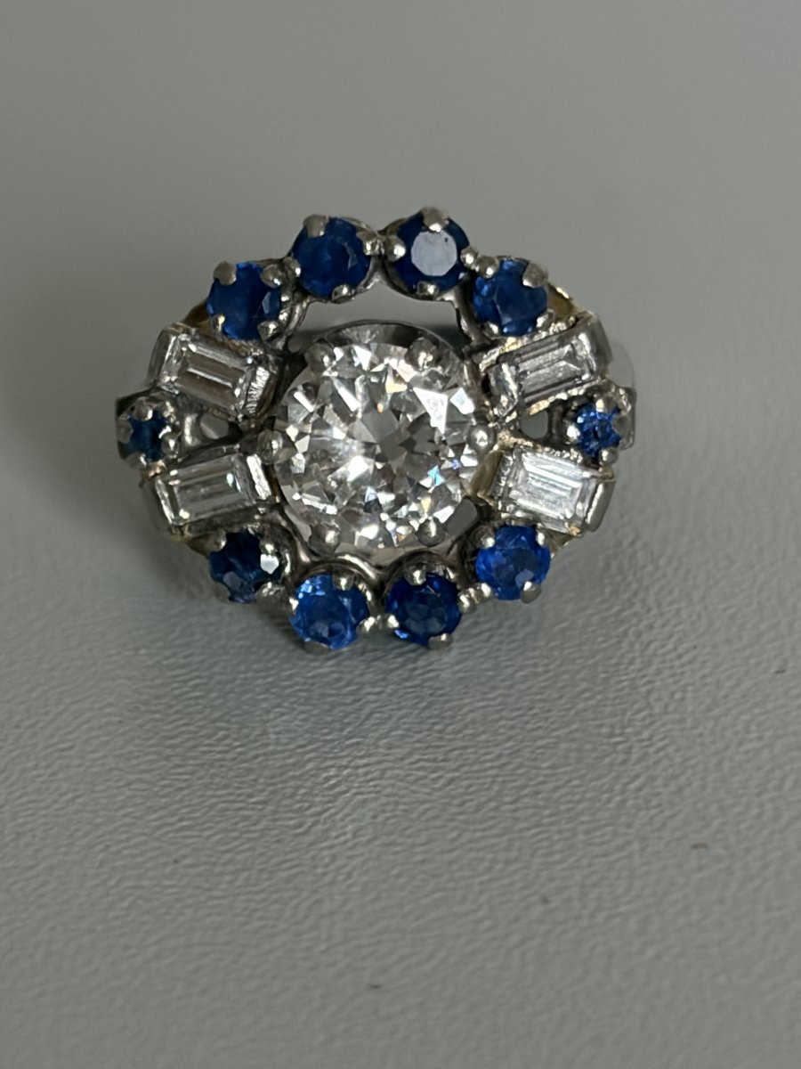 7760- Bague Fleur Platine Diamant Central 1,30 ct Saphirs