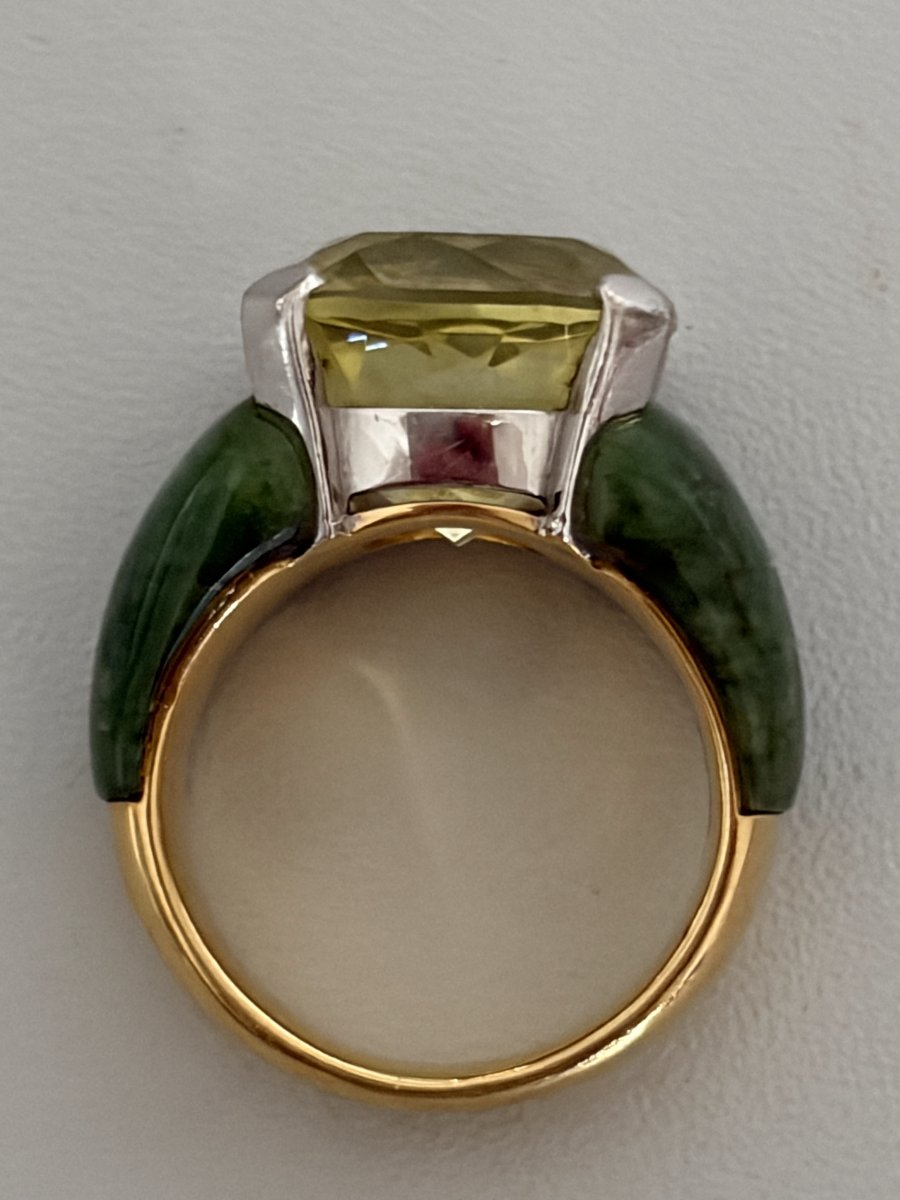7781 - Imported Fochtmann-signed Ring In Yellow Gold With Citrine And Jade-photo-2