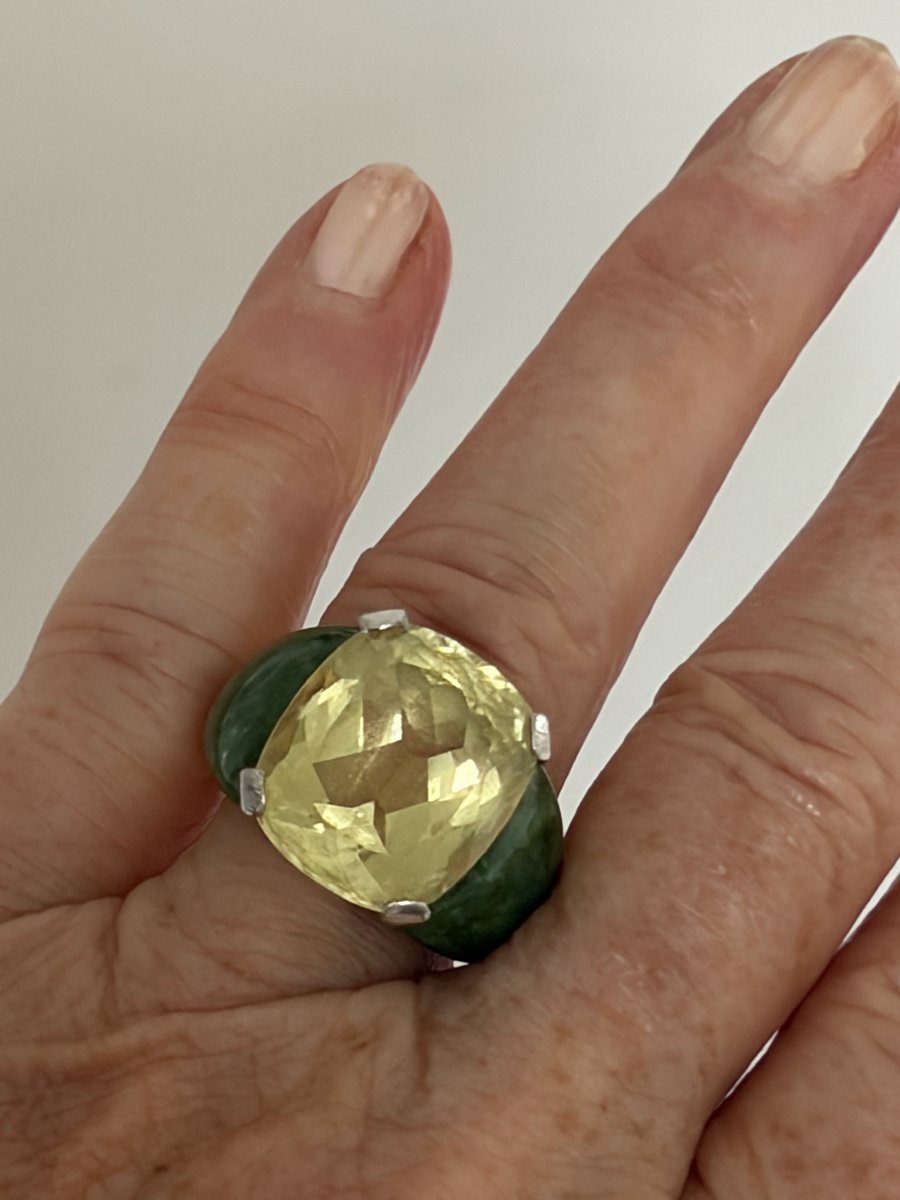 7781 - Imported Fochtmann-signed Ring In Yellow Gold With Citrine And Jade-photo-3