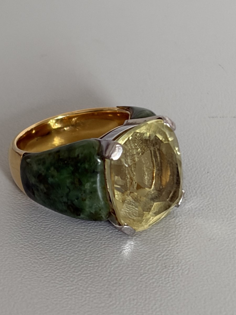 7781 - Imported Fochtmann-signed Ring In Yellow Gold With Citrine And Jade-photo-1