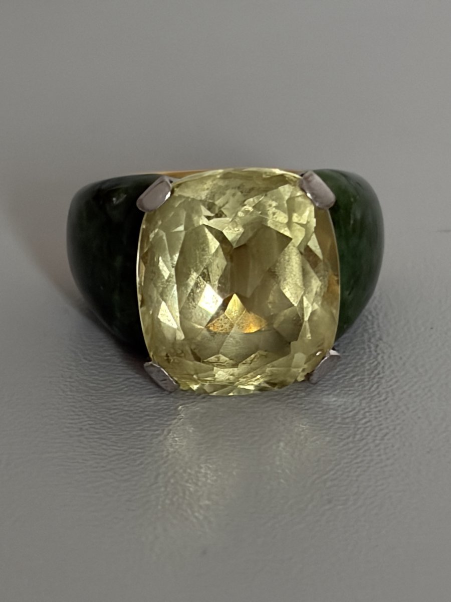 7781 - Imported Fochtmann-signed Ring In Yellow Gold With Citrine And Jade