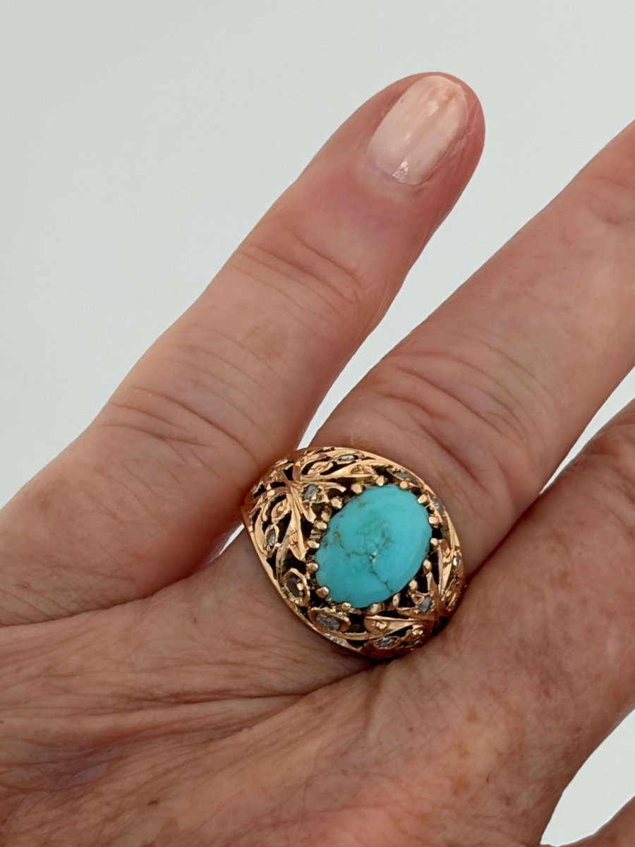 7788 - Vintage Rose Gold Dome Ring With Turquoise And Diamonds-photo-2