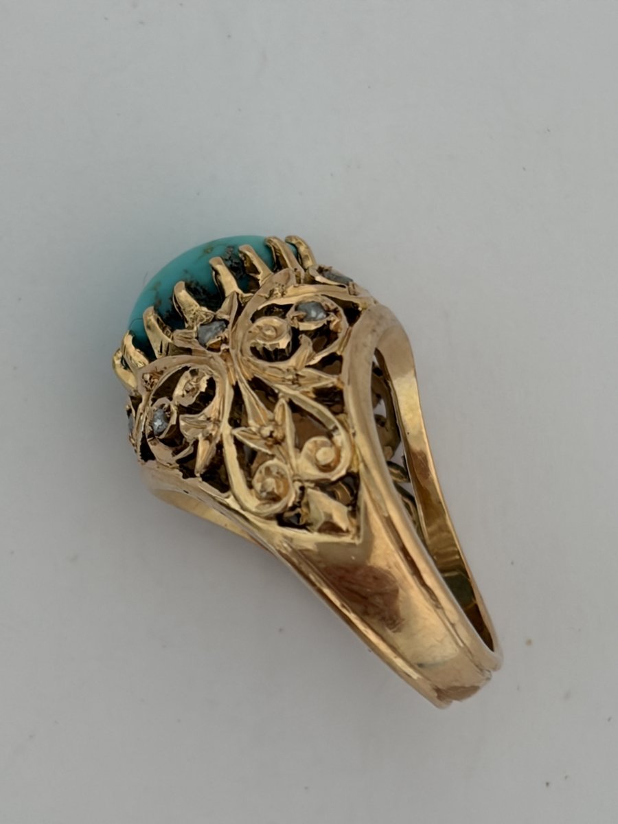 7788 - Vintage Rose Gold Dome Ring With Turquoise And Diamonds-photo-3