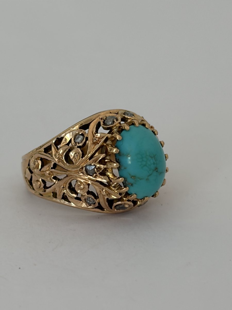 7788 - Vintage Rose Gold Dome Ring With Turquoise And Diamonds-photo-2