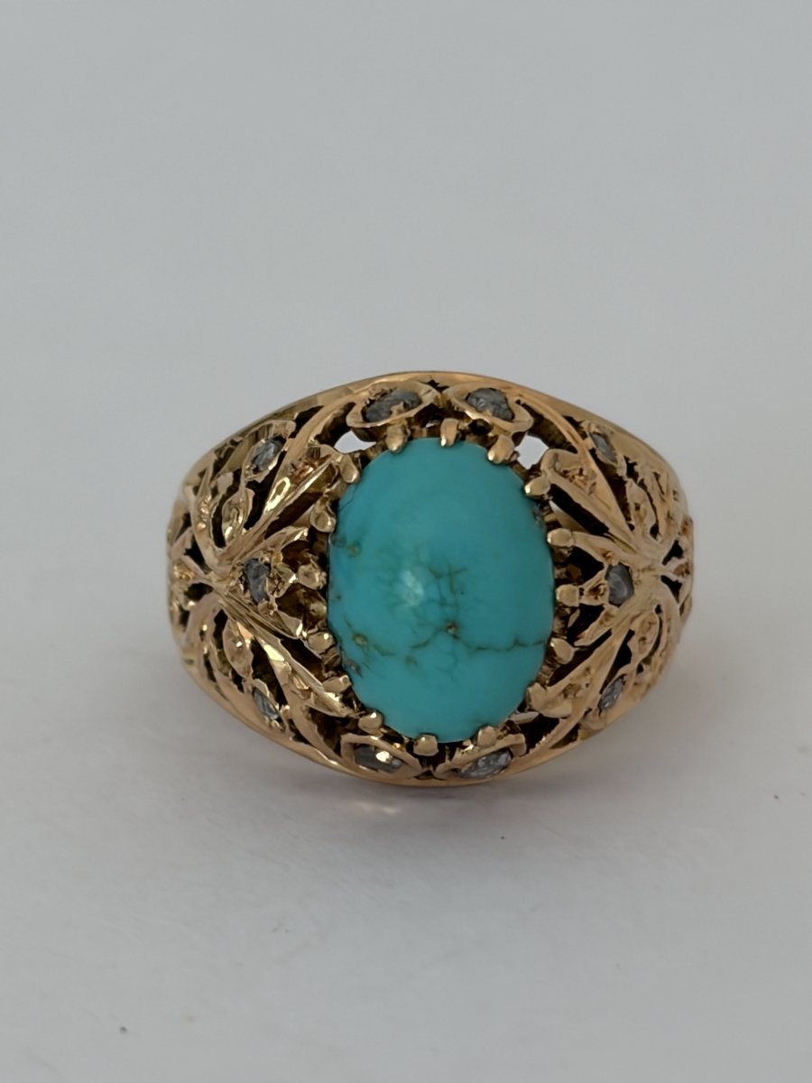 7788 - Vintage Rose Gold Dome Ring With Turquoise And Diamonds