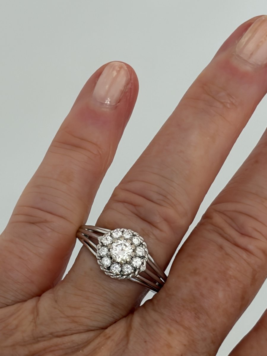 7790- Bague Fleur Vintage Or Gris Diamants-photo-2
