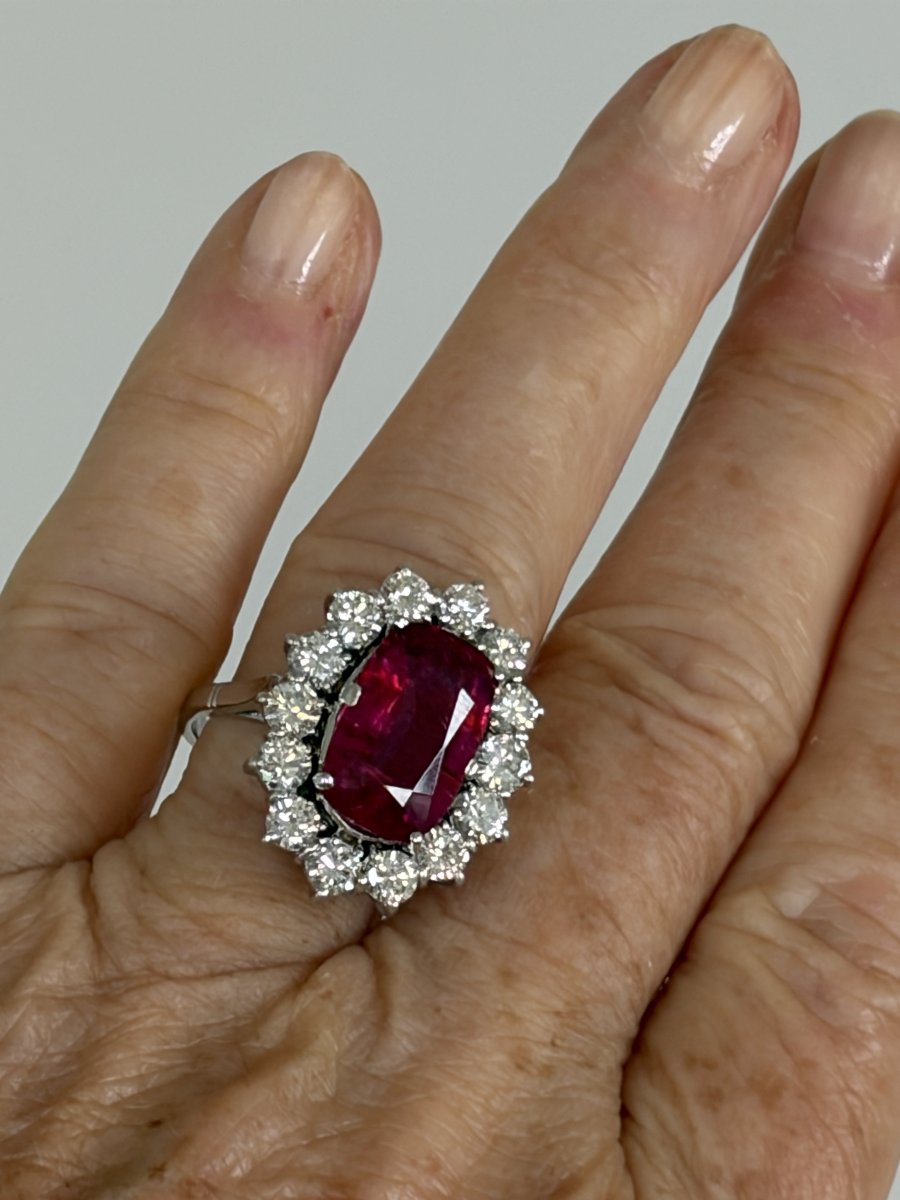 7795 - Vintage Platinum Marguerite Ring With Rubellite And Diamonds-photo-2
