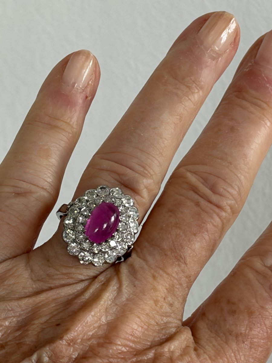 7795 - Vintage Platinum Marguerite Ring With Rubellite And Diamonds-photo-1
