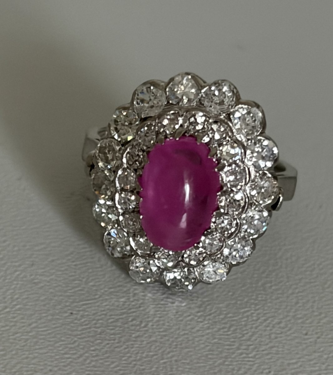 7795 - Vintage Platinum Marguerite Ring With Rubellite And Diamonds-photo-2