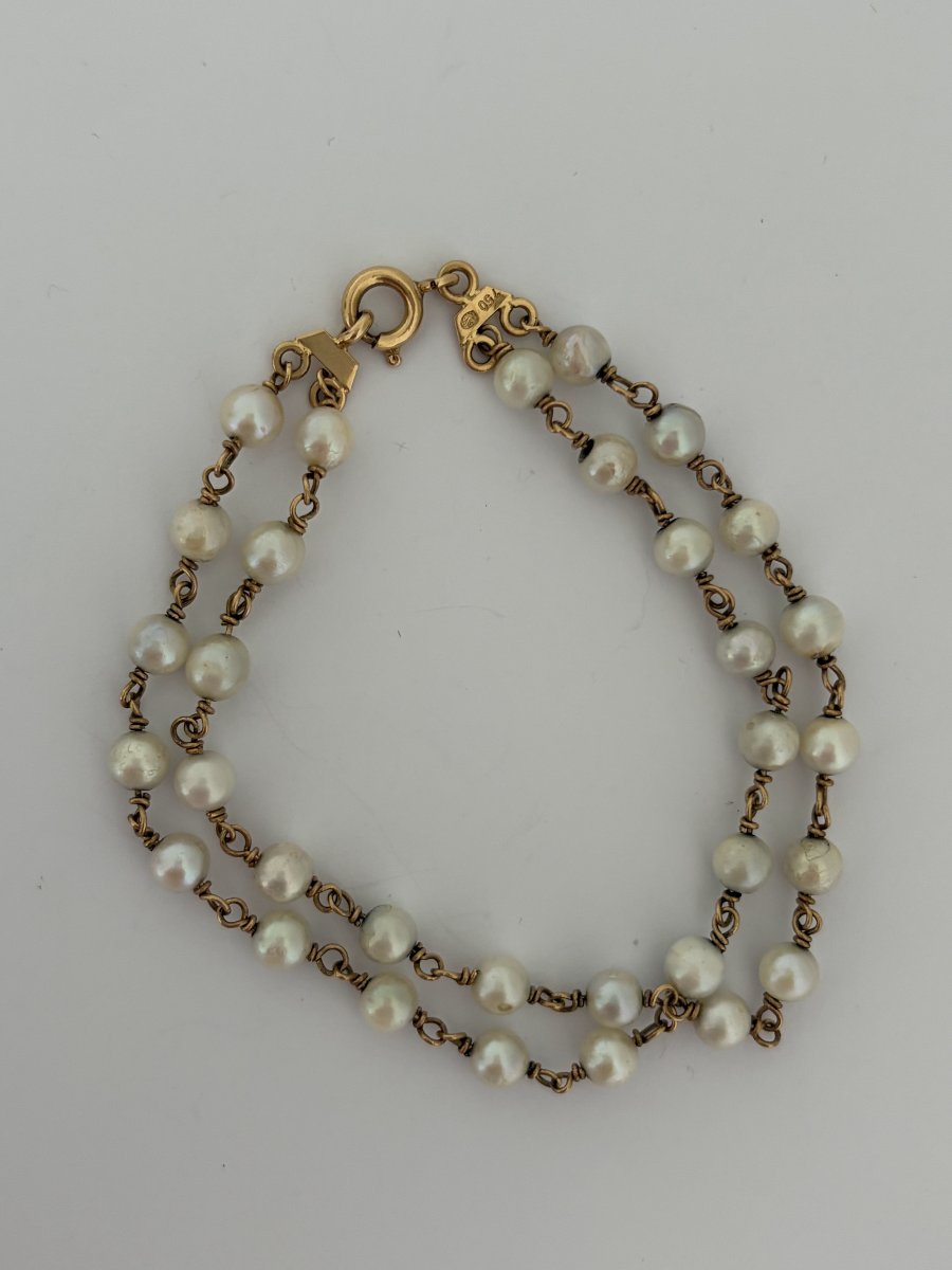 7805- Bracelet 2 Rangs Or Jaune Perles Akoya